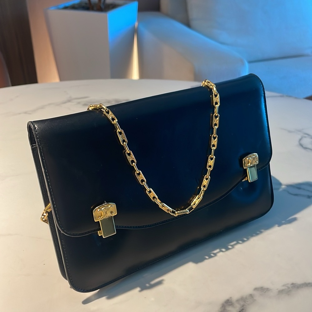 Celine Vintage Box Calf Macadam Logo 2Way Chain Shoulder Clutch RARE